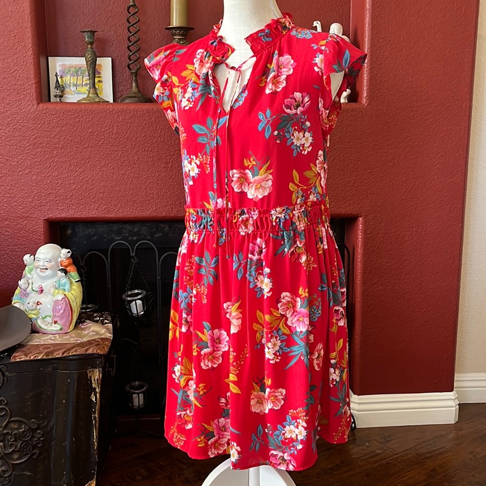 LOFT MEDIUM PETITE Red Floral Dress